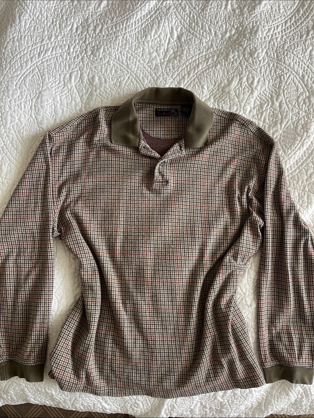 Roundtree & Yorke Long Sleeve Polo - Olive Collar with Brown Check